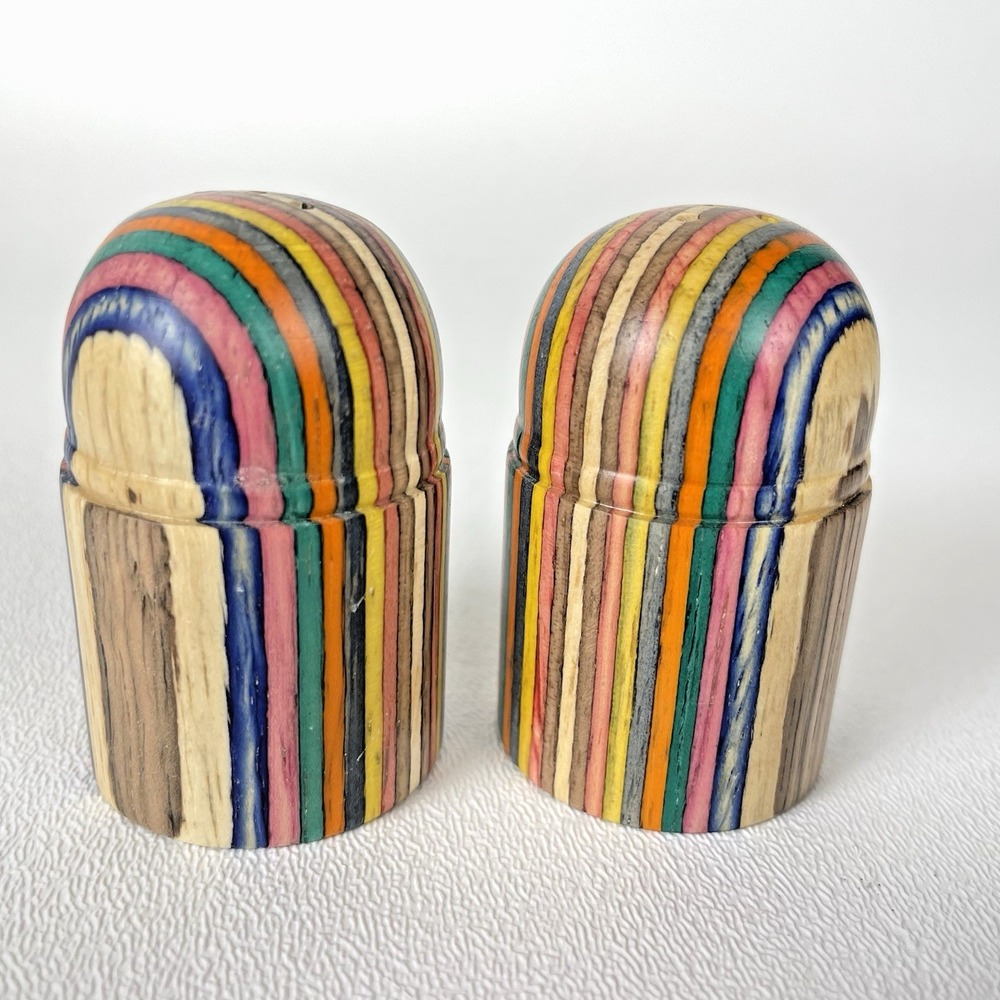 Vintage Rainbow Wood Salt Pepper Shakers Colorful Striped Boho Postmodern